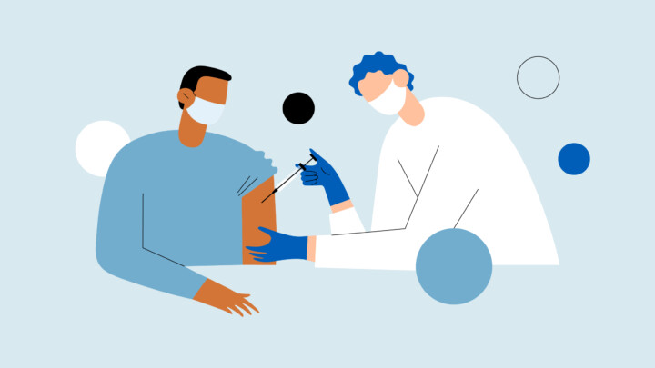Illustration of a healthcare worker wearing a mask and gloves administering a vaccine injection to a masked patient’s upper arm, highlighting the importance of preventive care.