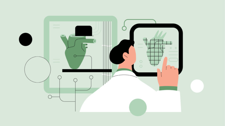 A person in a white coat examines a digital screen displaying a hand's scan, with a heart diagram on another monitor—highlighting the impact of 3D printing in modern healthcare diagnostics.