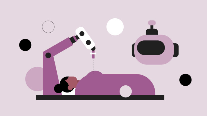 Illustration of a person lying on a table receiving an AI breast cancer procedure from a robotic arm, with a second robot nearby and abstract shapes in the background.