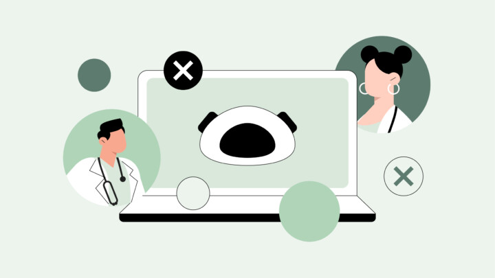 Illustration of a laptop displaying a medical mask, with two ai doctors and crossed-out icons around it, symbolizing restrictions or limitations in online healthcare.