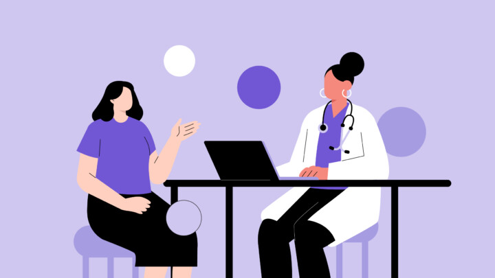 Illustration of a doctor and a patient sitting at a table, with the doctor using a laptop and the patient gesturing while speaking—highlighting behavior change strategies in chronic care management.
