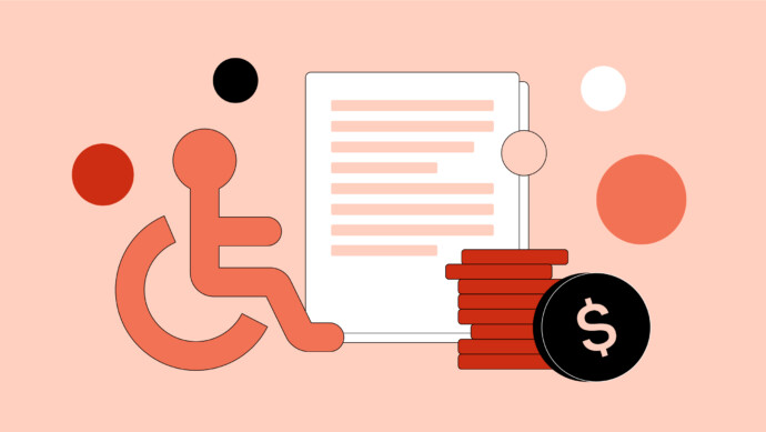 Illustration of a wheelchair symbol, a document, and stacked coins with a dollar sign, representing disability insurance, finances, and documents related to disability.