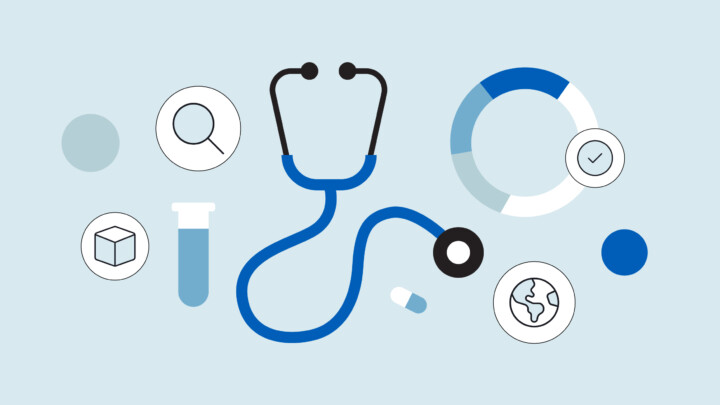 Illustration of a stethoscope surrounded by medical icons—test tube, pill, magnifying glass, cube, pie chart, and globe—on a light blue background, highlighting key healthcare trends.