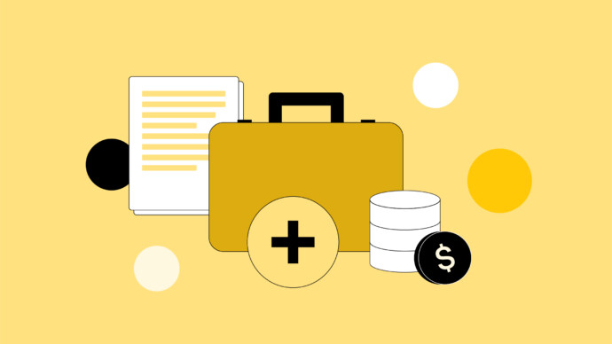 A yellow briefcase with papers, coins, a dollar symbol, and a medical cross highlights the business of medicine, set against a yellow background with abstract circles.