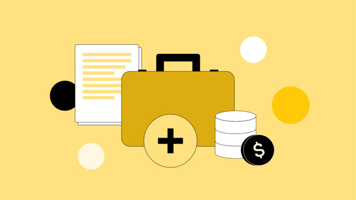A yellow briefcase with papers, coins, a dollar symbol, and a medical cross highlights the business of medicine, set against a yellow background with abstract circles.
