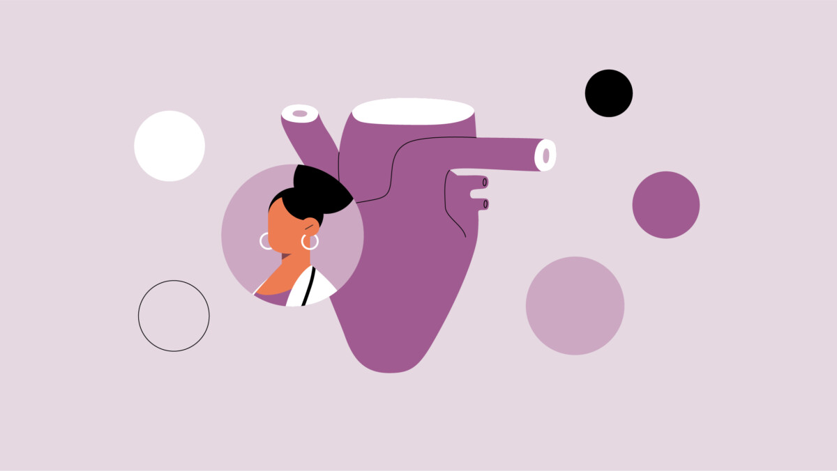 Abstract illustration of a human heart in purple, paired with a circular portrait of a woman and various colored circles on a light background—perfect visual inspiration for exploring creative cardiologist side gigs.
