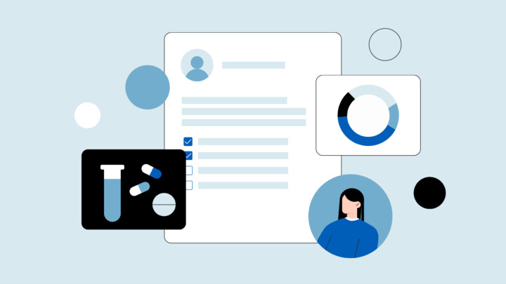 Illustration of medical and scientific elements including a checklist, test tube with pills, circular chart, and a person’s avatar on a light blue background—ideal for representing a case report abstract or clinical vignette example.