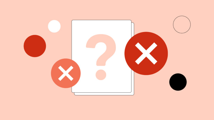 A white card with a large question mark is surrounded by colored circles, including two red ones with white X marks, symbolizing physicians tackling healthcare myths and misinformation on a light peach background.