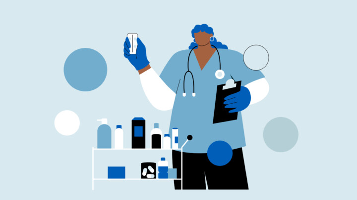 Illustration einer medizinischen Fachkraft im Kittel, die ein Klemmbrett und ein Medikamentenfläschchen in der Hand hält und neben einem Wagen mit verschiedenen medizinischen Hilfsmitteln steht - ein Beispiel für die vorsichtige Herangehensweise, die in der Defensivmedizin häufig zu beobachten ist.