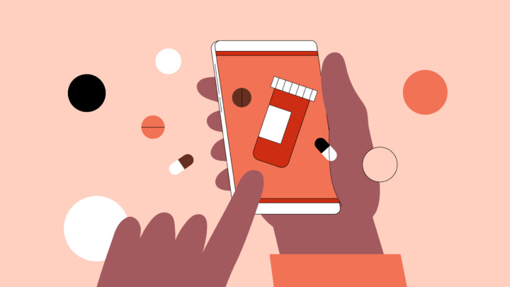 Illustration of a hand holding a smartphone displaying a pill bottle, with various capsules and circular shapes in the background—ideal for doctors or medical marketing visuals.