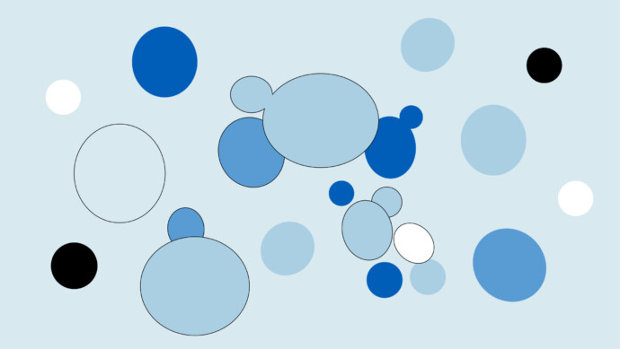 A pattern of overlapping and non-overlapping circles in various sizes and shades of blue, black, and white on a light blue background, inspired by the spread of drug resistant fungi.