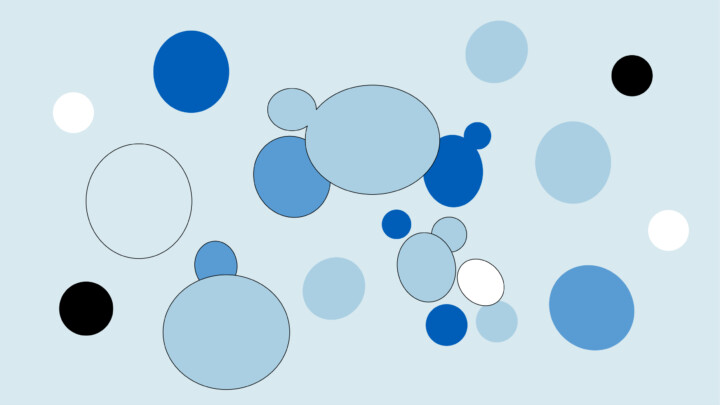 A pattern of overlapping and non-overlapping circles in various sizes and shades of blue, black, and white on a light blue background, inspired by the spread of drug resistant fungi.