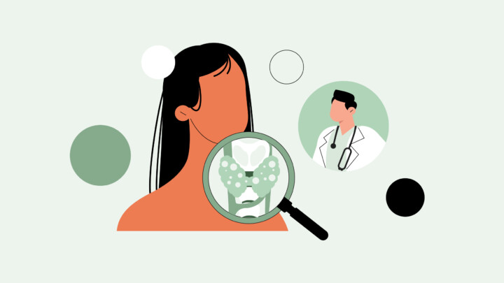 Illustration of a woman with a magnifying glass focusing on her thyroid gland, with a doctor icon in the background—ideal for exploring endocrinologist alternative careers.