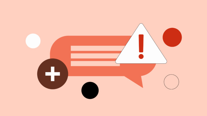 A speech bubble with three horizontal lines, a warning triangle with an exclamation mark—hinting at health misinformation—a plus sign, and various colored circles on a light peach background.