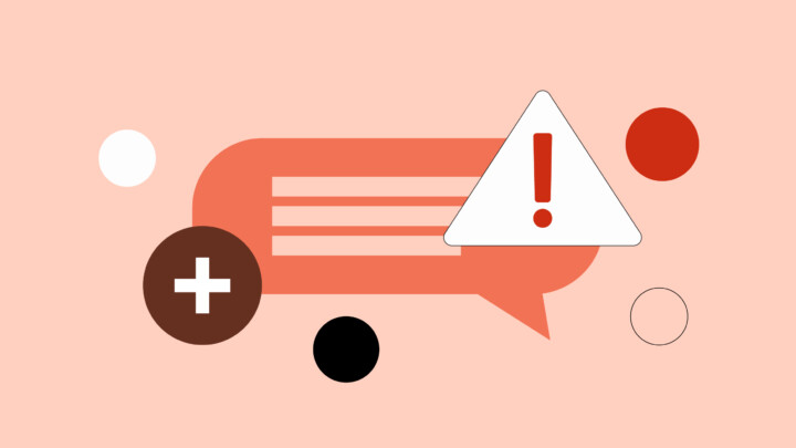 A speech bubble with three horizontal lines, a warning triangle with an exclamation mark—hinting at health misinformation—a plus sign, and various colored circles on a light peach background.