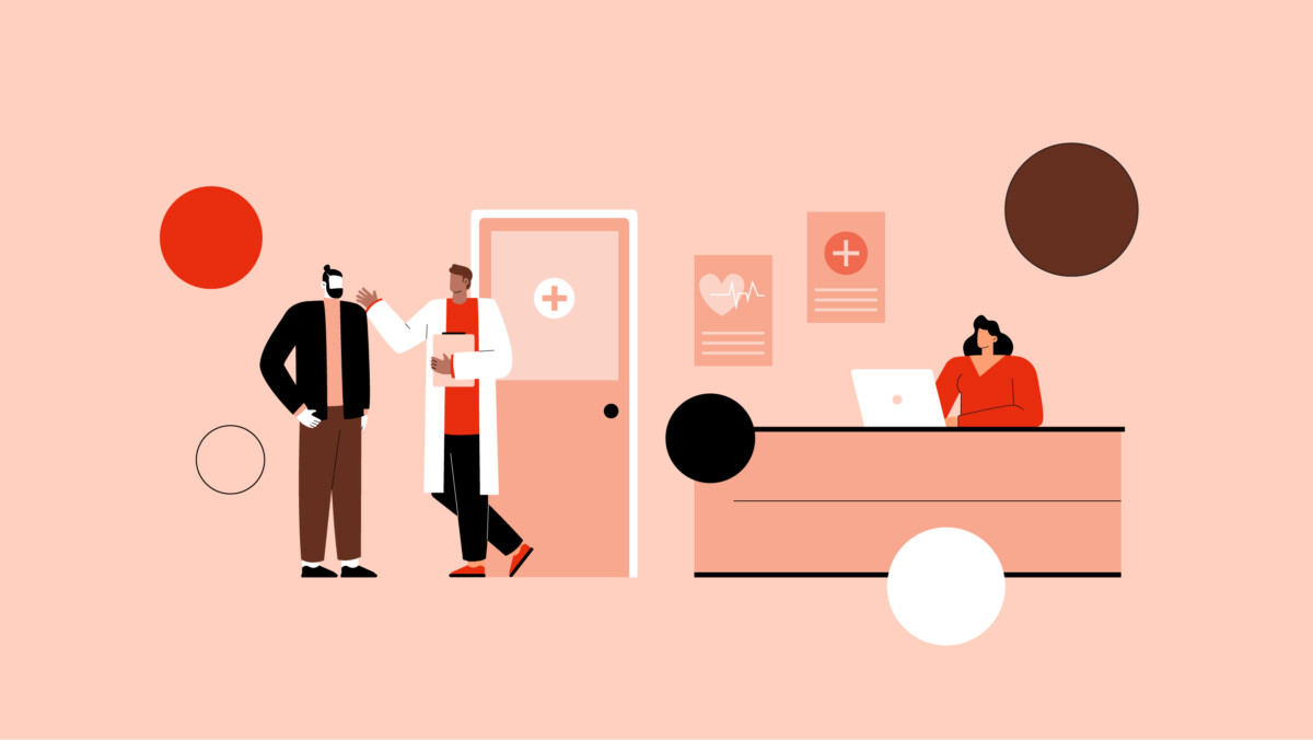Illustration of a doctor speaking with a patient near a door, while a receptionist at a desk manages tasks—perfect for healthcare startups seeking modern medical office visuals. Medical posters decorate the wall, adding an authentic touch.