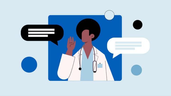 Illustration of a doctor with a stethoscope raising one hand, surrounded by speech bubbles and geometric shapes on a blue background, symbolizing how to advocate for patients in healthcare settings.