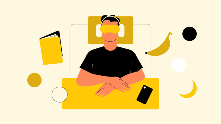 Illustration of a person lying in bed with an eye mask and headphones, surrounded by a book, banana, phone, and abstract shapes—depicting how to improve sleep hygiene on a light background.