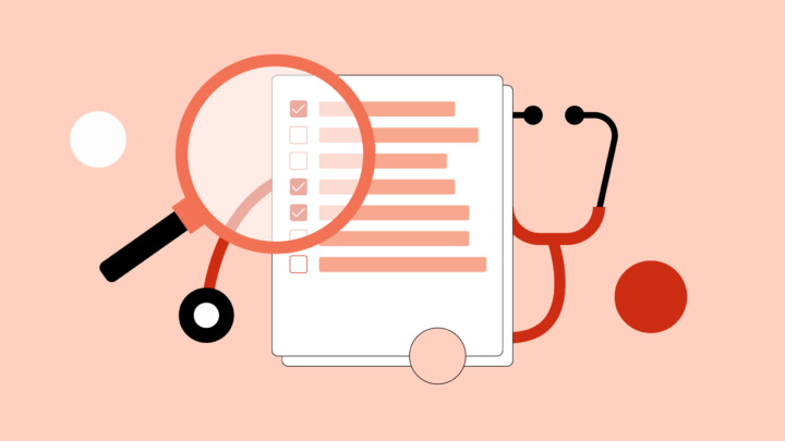A magnifying glass and stethoscope are placed over a checklist on a clipboard, symbolizing medical review or health evaluation—ideal for illustrating how to value a medical practice or explore practice valuation.