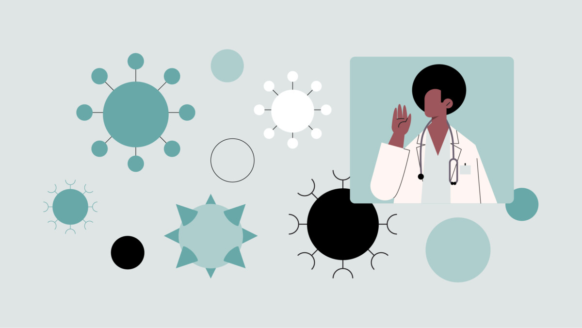 Illustration of a doctor in a white coat and stethoscope raising one hand, surrounded by abstract virus and cell shapes—perfect for articles about immunologist part-time jobs or telemedicine roles.