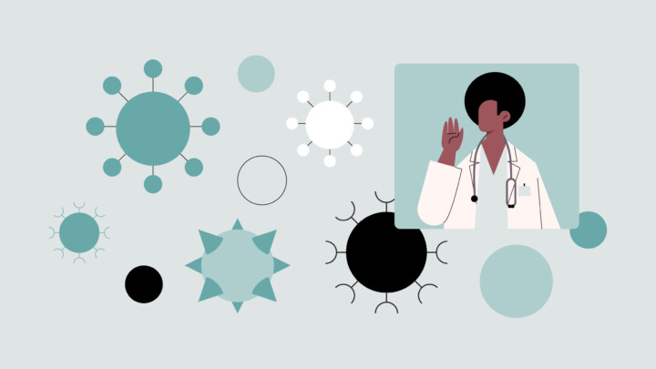 Illustration of a doctor in a white coat and stethoscope raising one hand, surrounded by abstract virus and cell shapes—perfect for articles about immunologist part-time jobs or telemedicine roles.