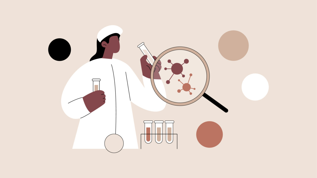 Illustration of a scientist holding test tubes, with a magnifying glass highlighting an infectious disease virus structure, and test tubes in a rack on a beige background.