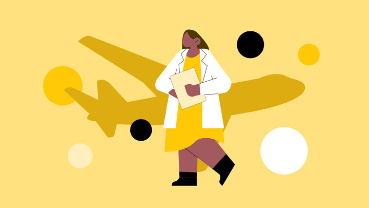 Illustration einer Person in einem Laborkittel, die einen Ordner in der Hand hält und vor einer Flugzeugsilhouette mit abstrakten Kreisen steht, die die Reise von internationalen Locum Tenens-Fachkräften repräsentiert.