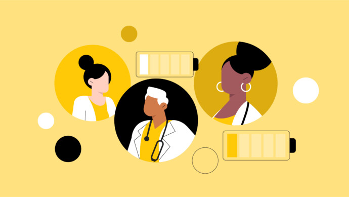 Illustration of three healthcare professionals with low battery icons, symbolizing fatigue or burnout, on a yellow background with circular design elements—highlighting the need for alternative careers for doctors.