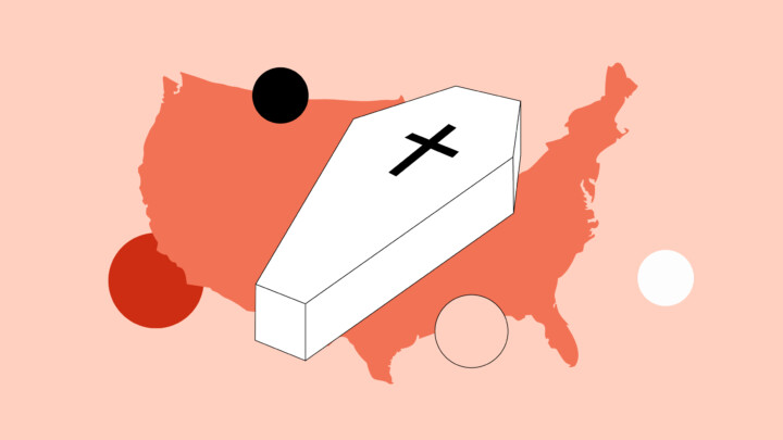 A white coffin with a black cross is illustrated over a red map of the US, surrounded by four colored circles on a peach background, highlighting leading causes of death from a clinical perspective.