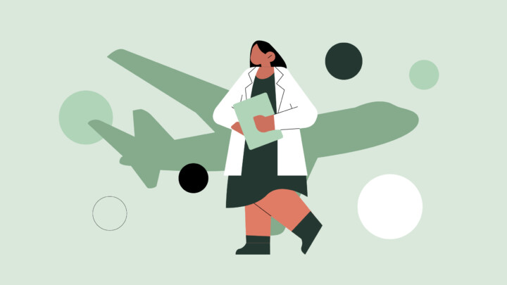 Illustration of a woman in a lab coat holding a clipboard, standing before an airplane silhouette with abstract circles—representing the future of Locum Tenens Staffing and Staffing Companies in 2025.