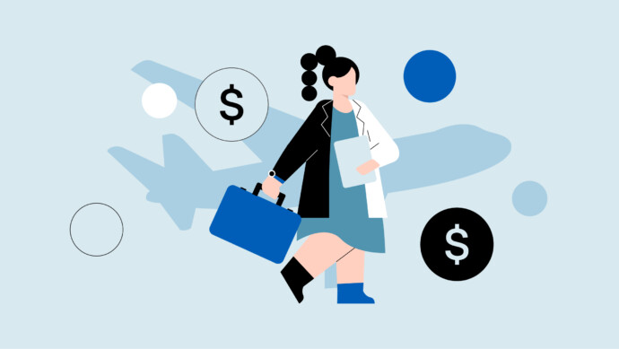 Illustration of a woman in business attire holding a suitcase and clipboard, with dollar signs and an airplane in the background, representing average locum tenens earnings.