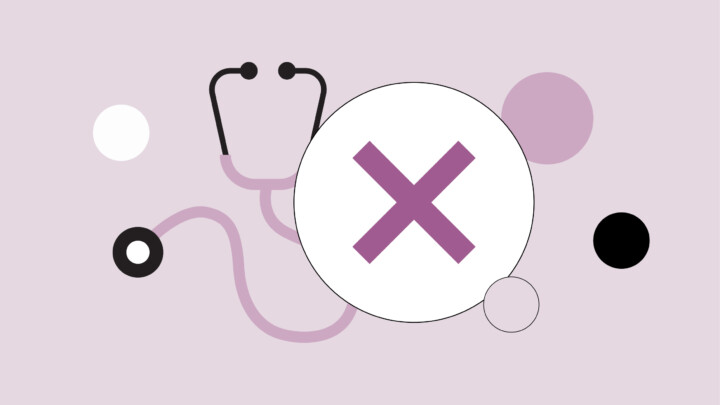 Illustration of a stethoscope with a large purple "X" overlay, surrounded by colorful circles on a light purple background, symbolizing healthcare and its victims and the impact of second victim syndrome.