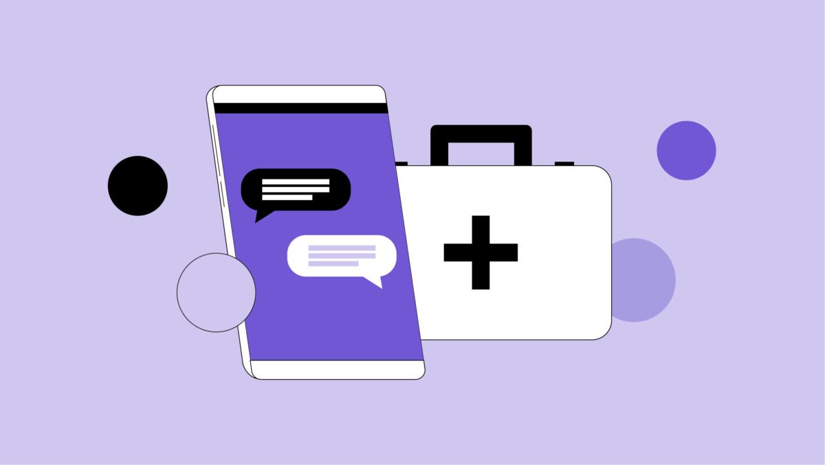 A smartphone displaying chat bubbles sits in front of a medical kit with a cross symbol, highlighting mobile healthcare technology against a purple background with abstract circles.