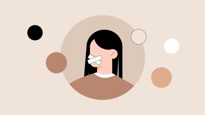 Illustration of a woman with long black hair, beige clothing, and two white strips crossing over her mouth, referencing the mouth taping trend, surrounded by neutral-colored circles.
