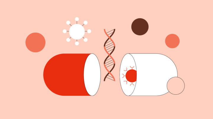 Illustration of a red and white capsule split open with a DNA strand, virus icon, and abstract circles on a light pink background, symbolizing the future of healthcare and the advancements in nanomedicine.