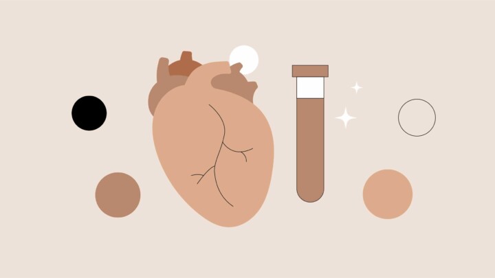 Illustration of a human heart next to a test tube, surrounded by various colored circles on a light background, representing the impact of the new cholesterol drug lepodisiran.
