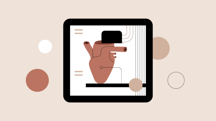 Minimalist illustration of an anatomical heart with geometric shapes and circuit-like lines, displayed on a tablet screen—evoking next generation cardiovascular risk calculators—set against a beige background with colored circles.