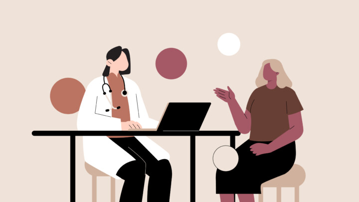 Illustration of a doctor with a stethoscope sitting at a desk with a laptop, discussing treatment options and challenges with non-compliant patients seated across from them.