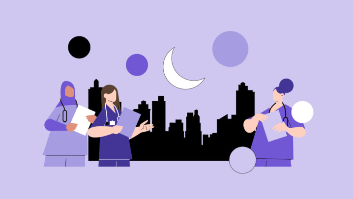 Illustration of three healthcare workers, including a nurse moonlighting in scrubs and stethoscope, standing before a city skyline at night with abstract circles and a crescent moon overhead.