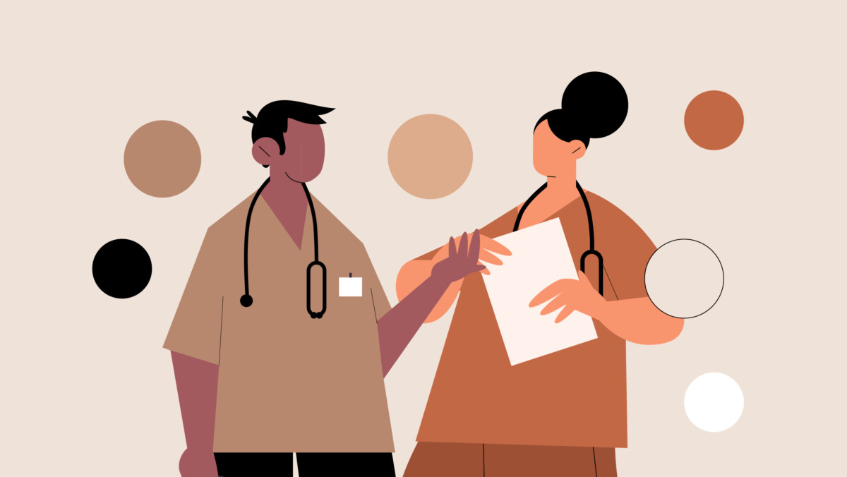 Illustration of two healthcare professionals with stethoscopes, holding a document and discussing nurse side gigs, set against a background with brown and beige circles.