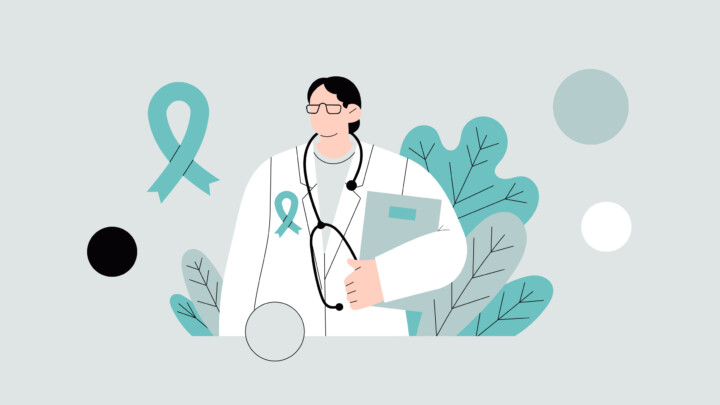 Illustration of a doctor, possibly exploring oncologist side gigs, wearing a stethoscope and teal awareness ribbon, holding a folder, with abstract plants and the teal awareness symbol in the background.