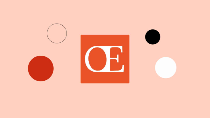 A red square with white "OE" text in the center, surrounded by five circles in black, white, red, and outline, on a peach background—symbolizing OpenEvidence AI's impact on clinical decision-making.