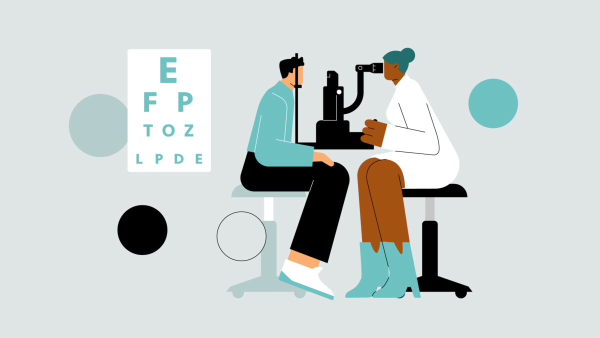 Illustration of an optometrist examining a patient's eyes with an eye chart and colored circles in the background, highlighting telediagnostics as an innovative tool in non-clinical ophthalmology side income opportunities.