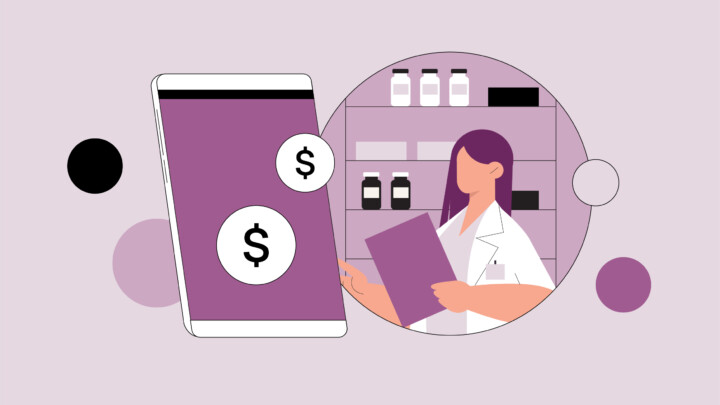 Illustration of a pharmacist holding a clipboard in a pharmacy, with a large tablet displaying dollar signs in the foreground, highlighting paid surveys pharmacists can participate in.