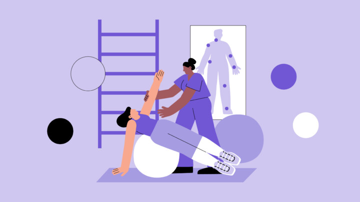 A physical therapist uses pain management techniques while assisting a person stretching their arm on an exercise ball in a clinical setting.