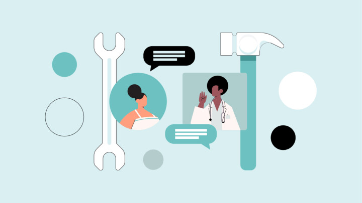 Illustration of a wrench, hammer, speech bubbles, and two people—one in a doctor's coat—on a light blue background with abstract circles, highlighting patient communication tools.