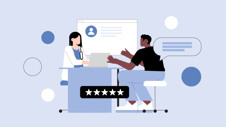 Illustration of a doctor and a patient having a conversation at a desk, with a five-star rating displayed below them, highlighting why patient experience is important, and digital interface elements in the background.