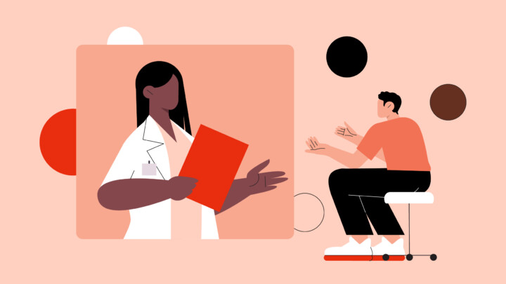 Illustration of a doctor holding a red file and a seated patient gesturing, set against a background with abstract shapes, depicting a patient follow-up conversation.