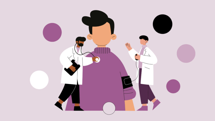 Illustration of two doctors checking a patient's vitals—one uses a stethoscope and the other holds a clipboard—highlighting primary care physician alternative careers, with abstract colored circles in the background.