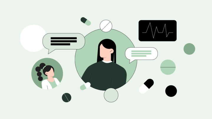 Illustration of two people communicating, surrounded by speech bubbles, pills, and a heart rate monitor, representing a discussion about person-centered care in healthcare or medicine.